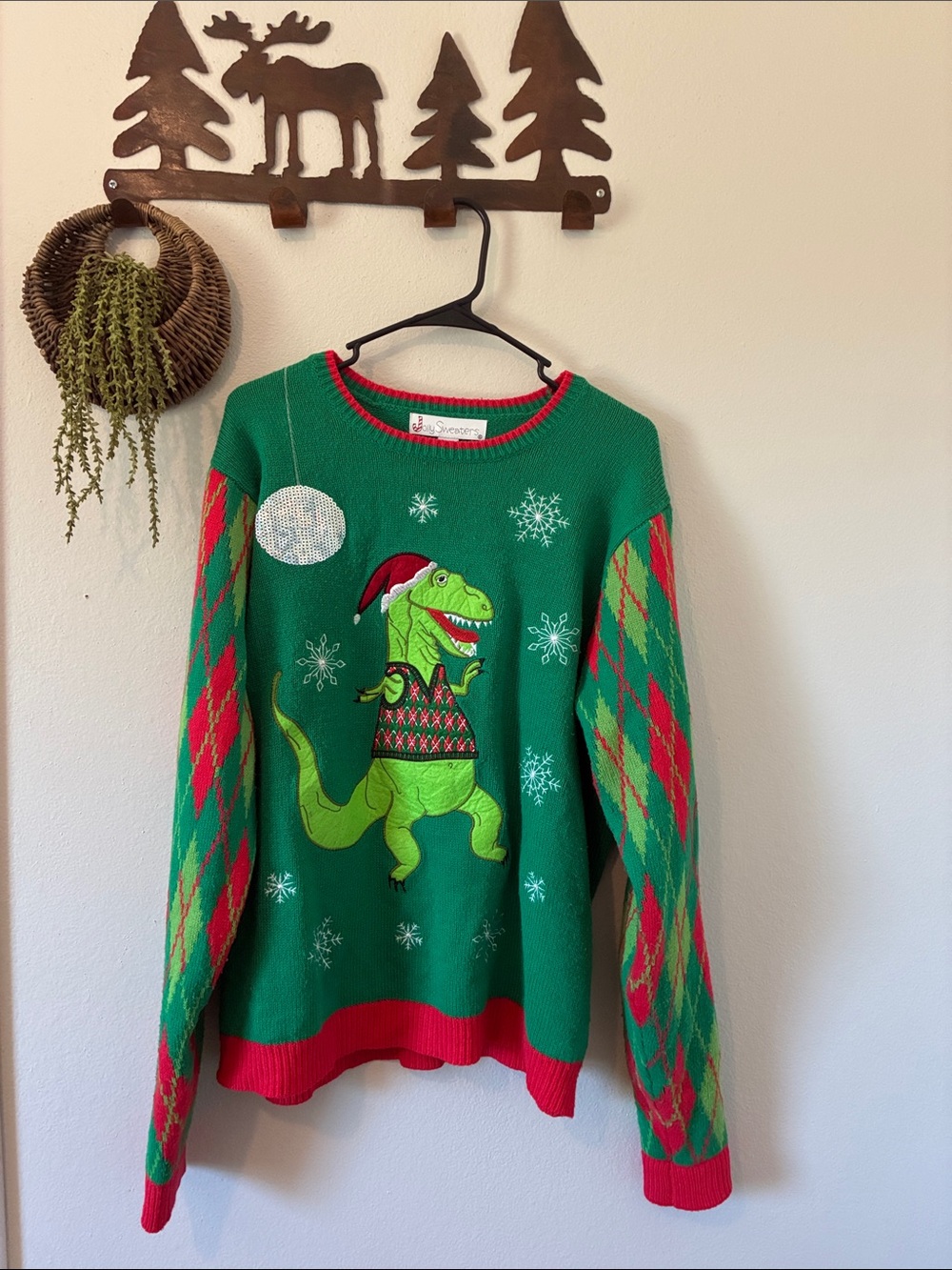 Jolly Sweaters Disco T-Rex Dinosaur Ugly Christmas Sweater XL